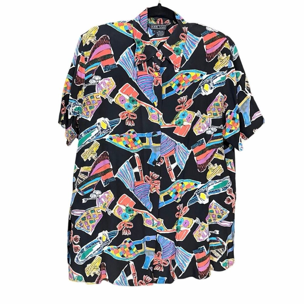 Vintage 100% silk oversized boxy button front blouse novelty print shoes 90s S